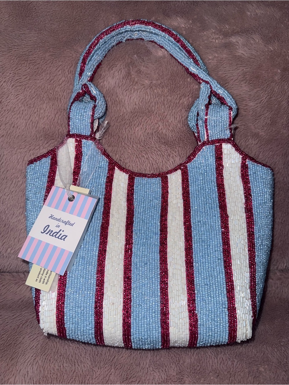 NWT Viral Striped Blue, White & Pink Beaded Tote Shoulder Bag - Picture 4 of 12